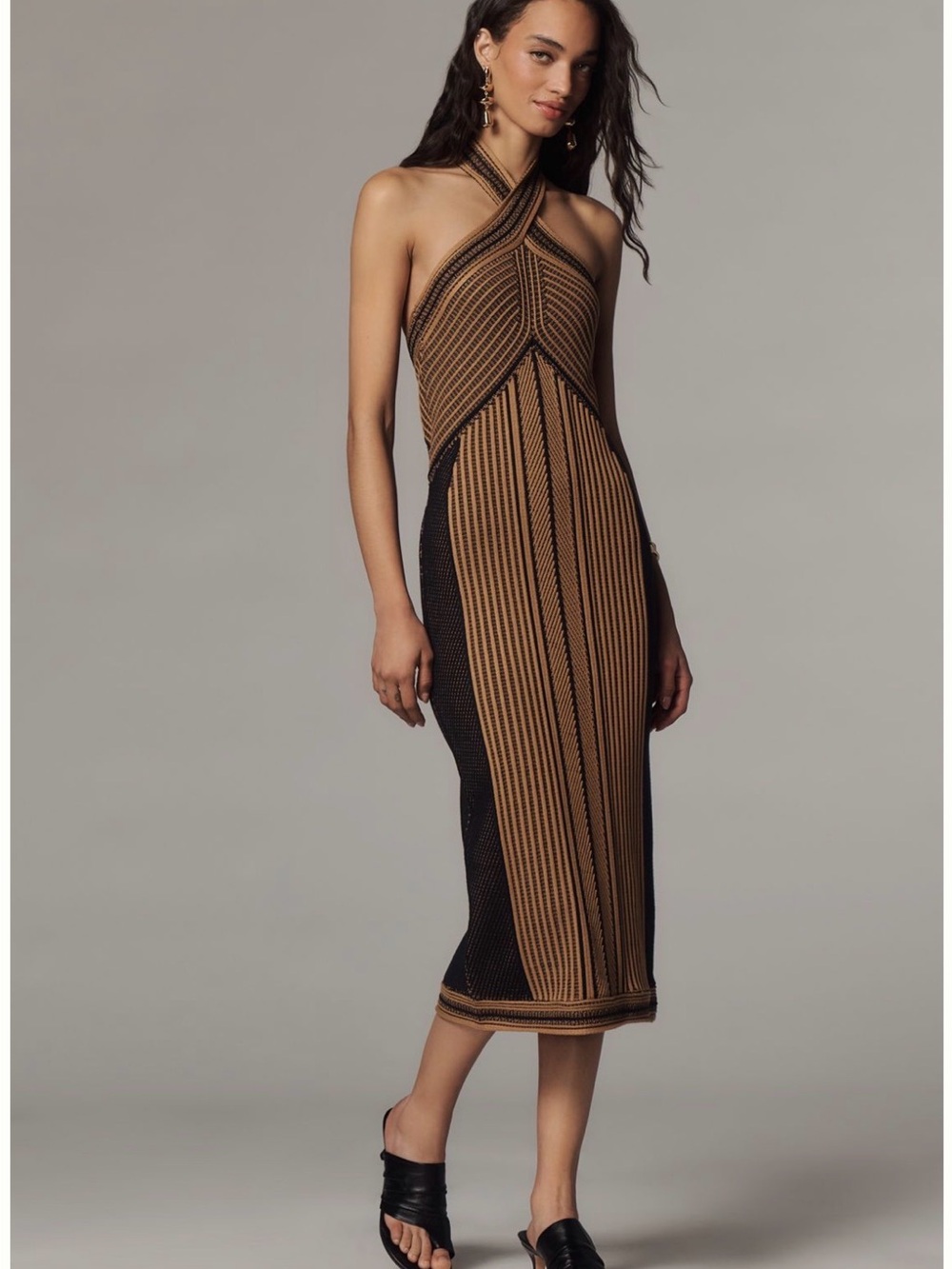 Anthropologie Black and Brown Halter Midi Knit Dress